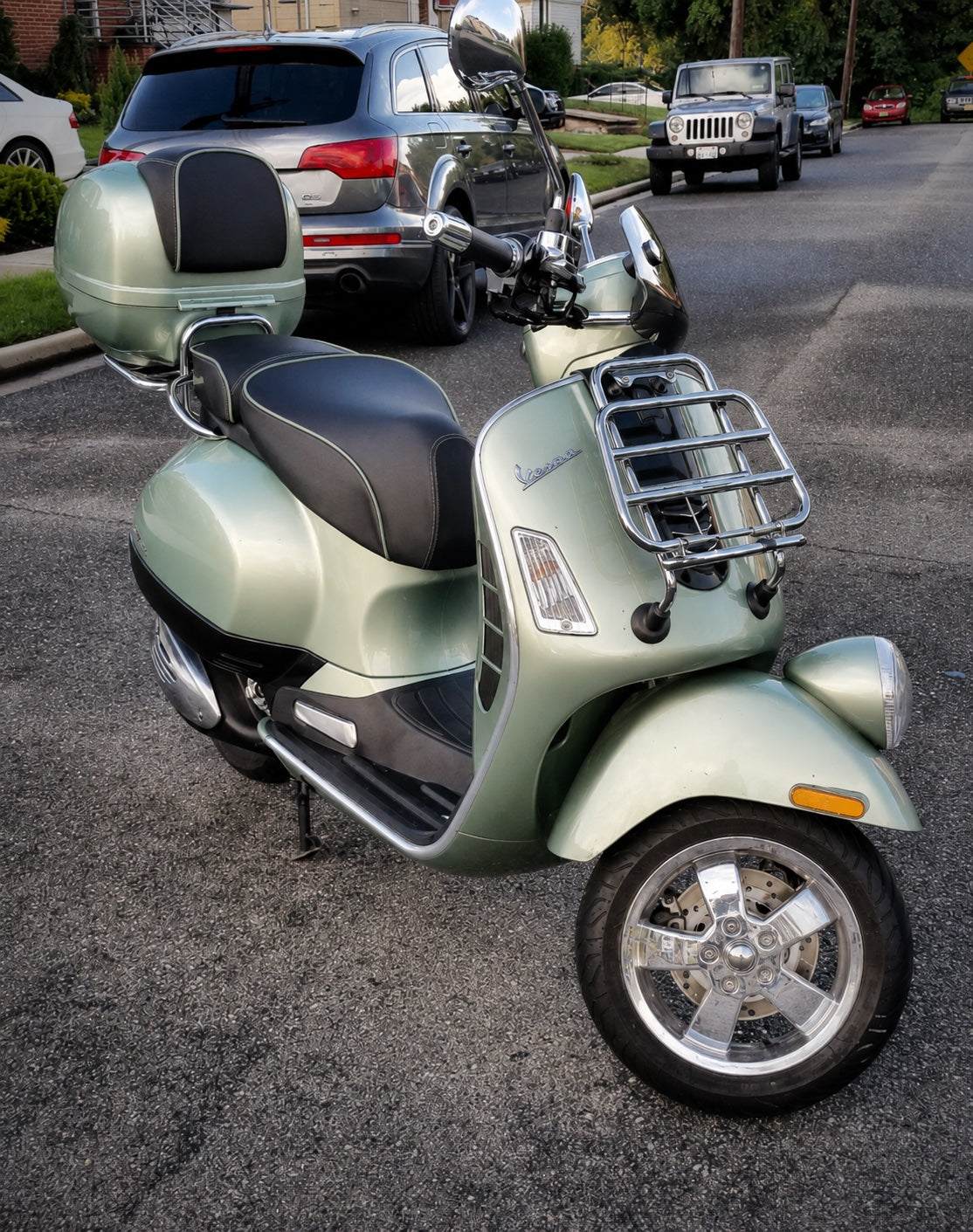 Vespa GTV seat cover with piping by Cheeky Seats