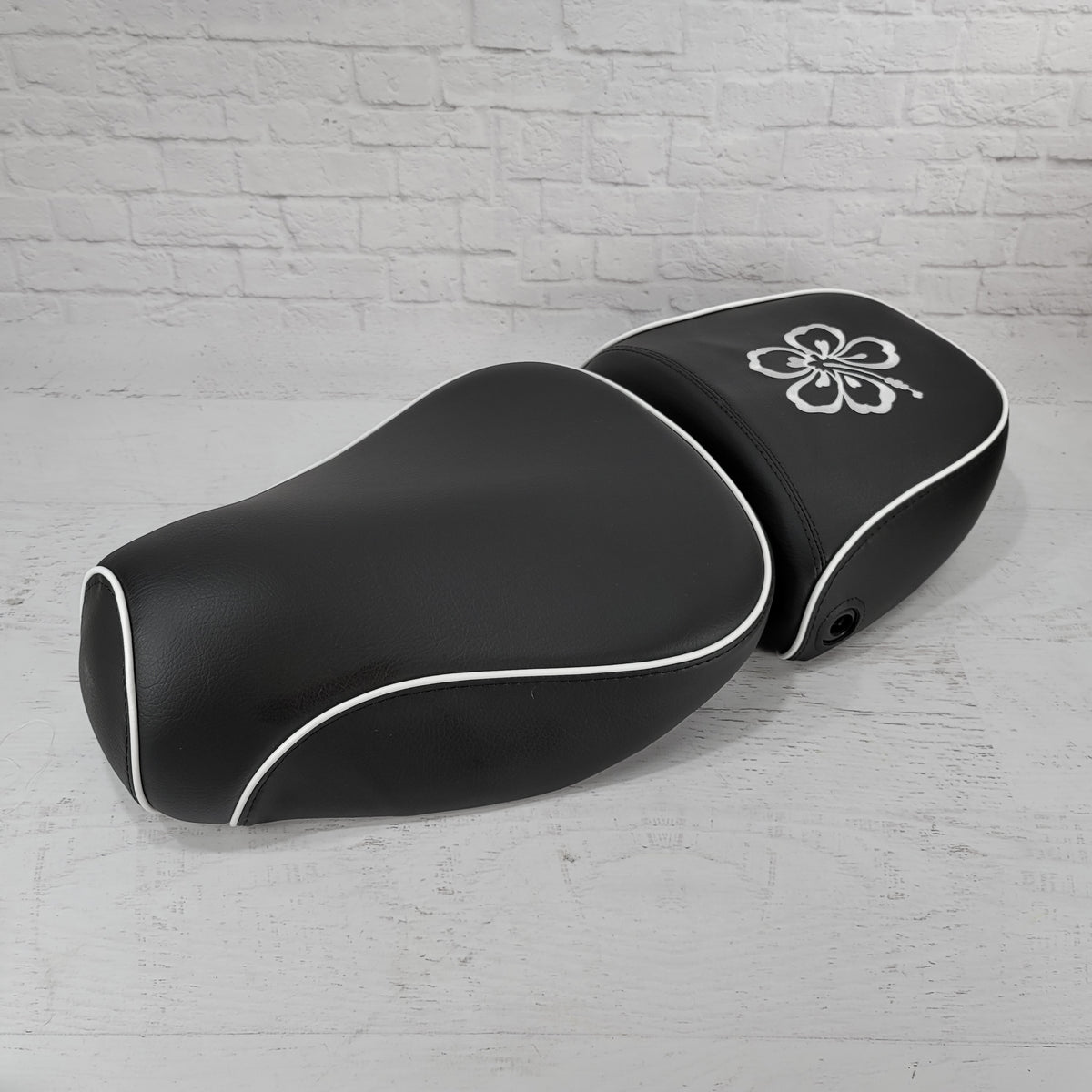 Vespa LXV black seat cover with hibiscus flower embroidery