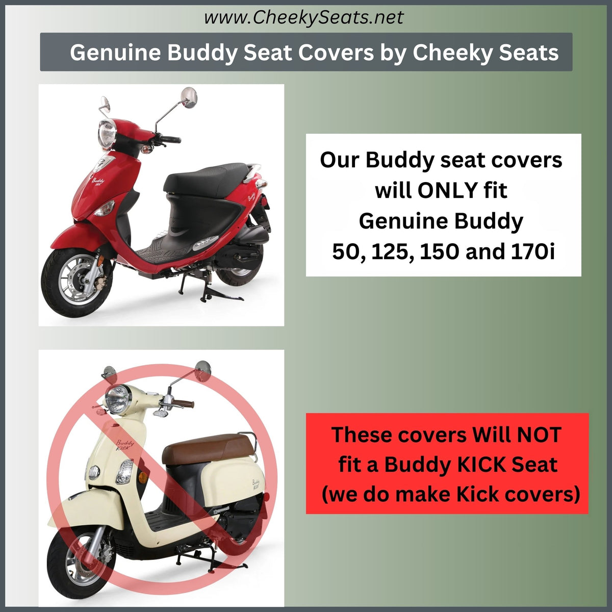 Cheeky Seats fit guide for Genuine Buddy 50, 125, 150 and 170i seats, excluding Buddy Kick