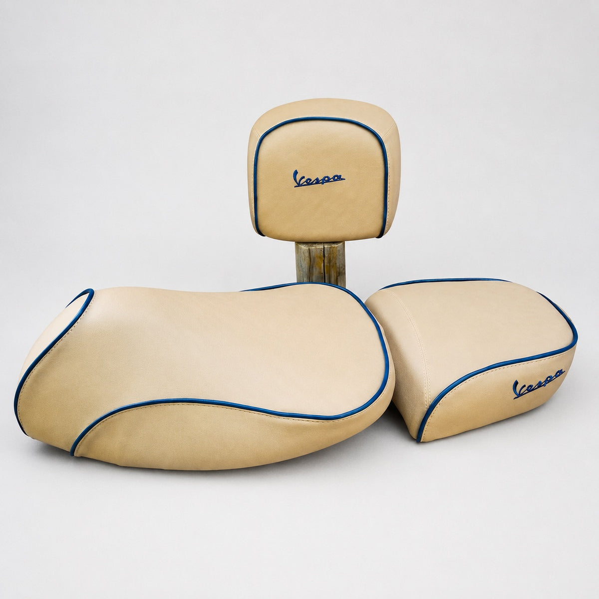 Vespa GTV camel tan seat cover with Midnight Blue accents