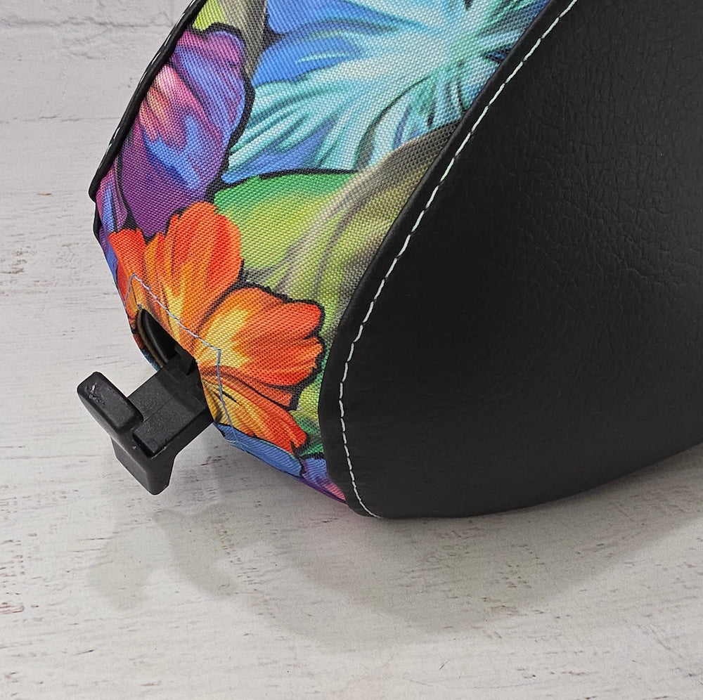 Close-up of the Hawaiian Flower scooter seat cover showing the rear opening and reinforced panel seams, handmade by Cheeky Seats.