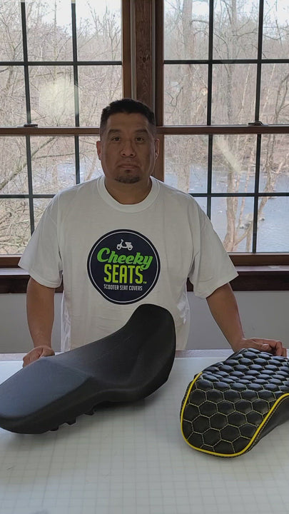 Honda Grom hexagon Seat cover installation, handmade by Cheeky Seats
