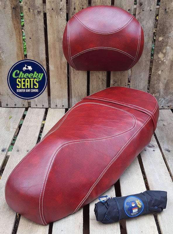 Vespa GT200 oxblood seat cover close-up detail