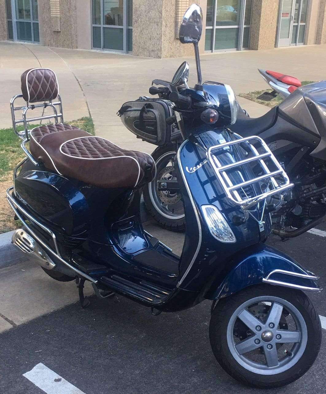 Vespa LX whiskey diamond seat cover side view